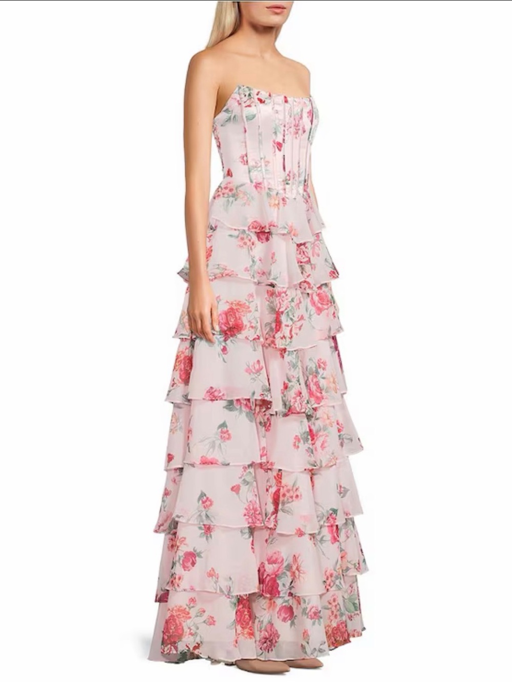 B Darlin Strapless Pink Floral Tiered Ruffle Gown